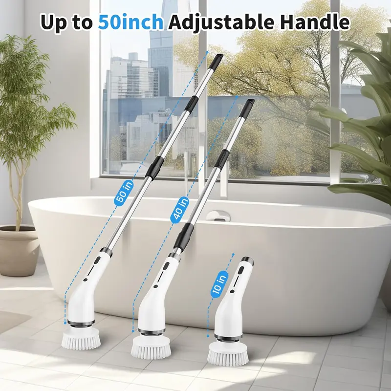 Cordless Electric Spin Scrubber with 8 Replaceable Brush Heads, Extendable Handle, Dual-Speed Cleaning System, IPX7 Waterproof LED Display, USB-C Rechargeable Bathroom & Kitchen Cleaning Brush
