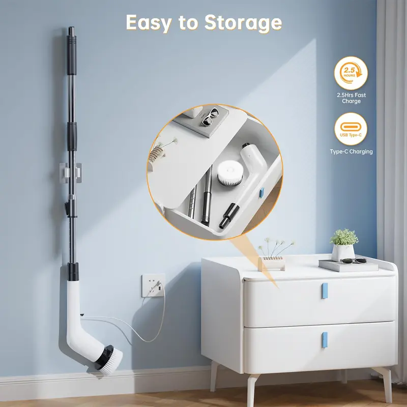 Cordless Electric Spin Scrubber with 8 Replaceable Brush Heads, Extendable Handle, Dual-Speed Cleaning System, IPX7 Waterproof LED Display, USB-C Rechargeable Bathroom & Kitchen Cleaning Brush