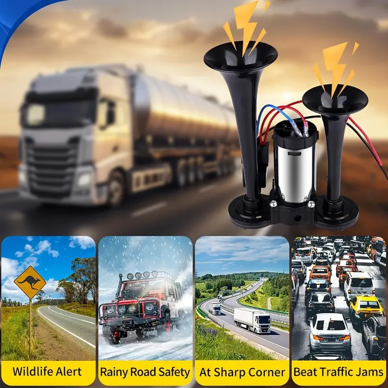 12V 130dB Dual Air Car Horn Kit with Compressor, High-Power Loud Vehicle Horn Set for Trucks, SUVs, Cars & Vehicles, Easy Installation