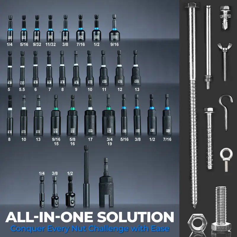Magnetic Nut Driver Set, Metric & SAE Socket Bits with Impact Adapter, Heavy-Duty Screwdriver Bits for DIY Repair & Maintenance