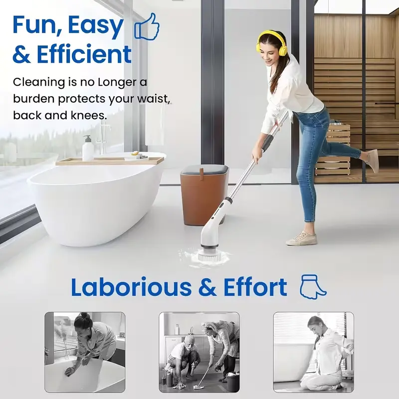 Cordless Electric Spin Scrubber with 8 Replaceable Brush Heads, Extendable Handle, Dual-Speed Cleaning System, IPX7 Waterproof LED Display, USB-C Rechargeable Bathroom & Kitchen Cleaning Brush