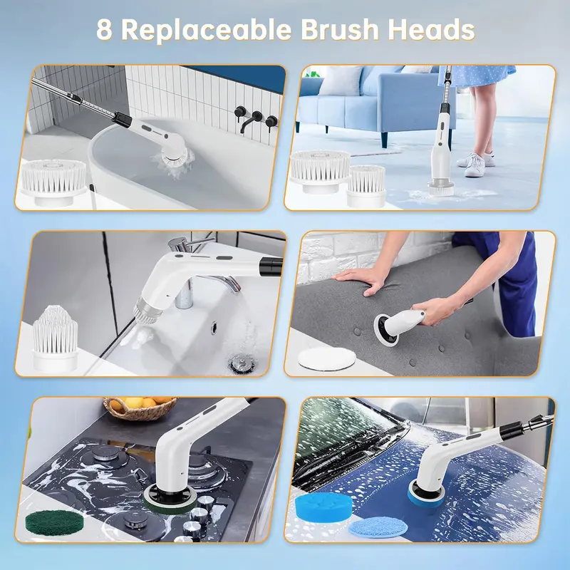 Cordless Electric Spin Scrubber with 8 Replaceable Brush Heads, Extendable Handle, Dual-Speed Cleaning System, IPX7 Waterproof LED Display, USB-C Rechargeable Bathroom & Kitchen Cleaning Brush