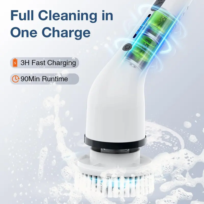 Cordless Electric Spin Scrubber with 8 Replaceable Brush Heads, Extendable Handle, Dual-Speed Cleaning System, IPX7 Waterproof LED Display, USB-C Rechargeable Bathroom & Kitchen Cleaning Brush