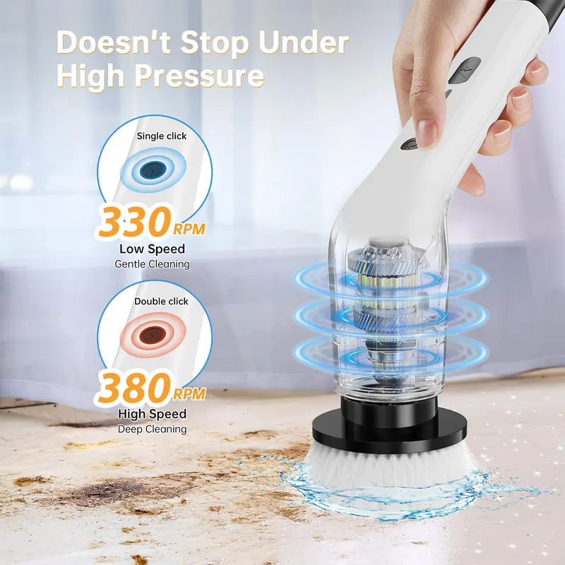 Cordless Electric Spin Scrubber with 8 Replaceable Brush Heads, Extendable Handle, Dual-Speed Cleaning System, IPX7 Waterproof LED Display, USB-C Rechargeable Bathroom & Kitchen Cleaning Brush