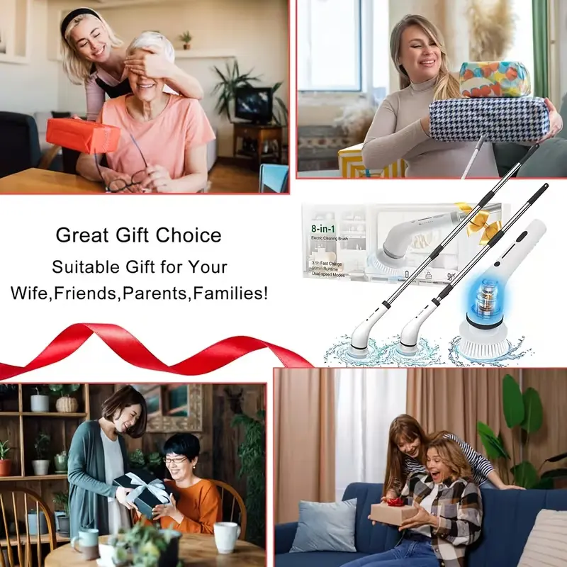 Cordless Electric Spin Scrubber with 8 Replaceable Brush Heads, Extendable Handle, Dual-Speed Cleaning System, IPX7 Waterproof LED Display, USB-C Rechargeable Bathroom & Kitchen Cleaning Brush