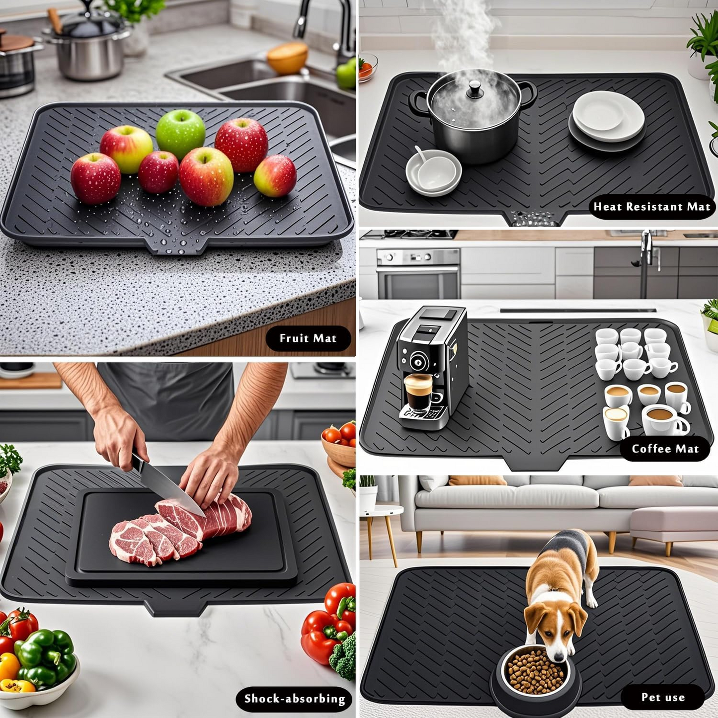 Large Silicone Dish Drying Mat 23x17 Inch, Fast Drying Kitchen Counter Pad with Drainage Edge, Heat Resistant Non-Slip Waterproof Mat