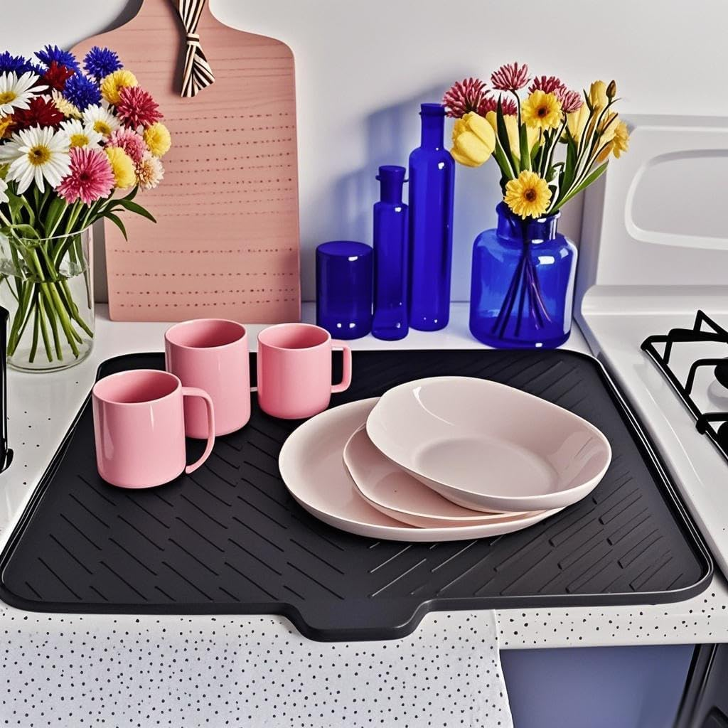 Large Silicone Dish Drying Mat 23x17 Inch, Fast Drying Kitchen Counter Pad with Drainage Edge, Heat Resistant Non-Slip Waterproof Mat